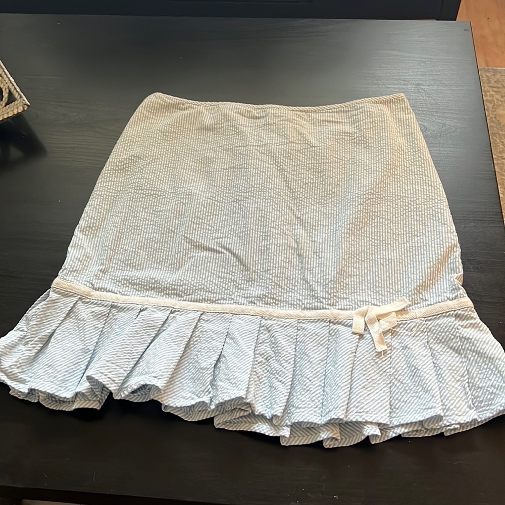 British Khaki pin stripe blue ivory pencil skirt S